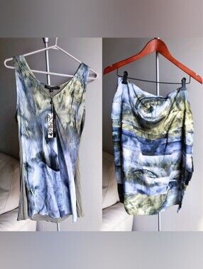 BNWT - Robert Kitchen - (Size L) Green Blue Grey Pattern Women's Skirt & Top Set